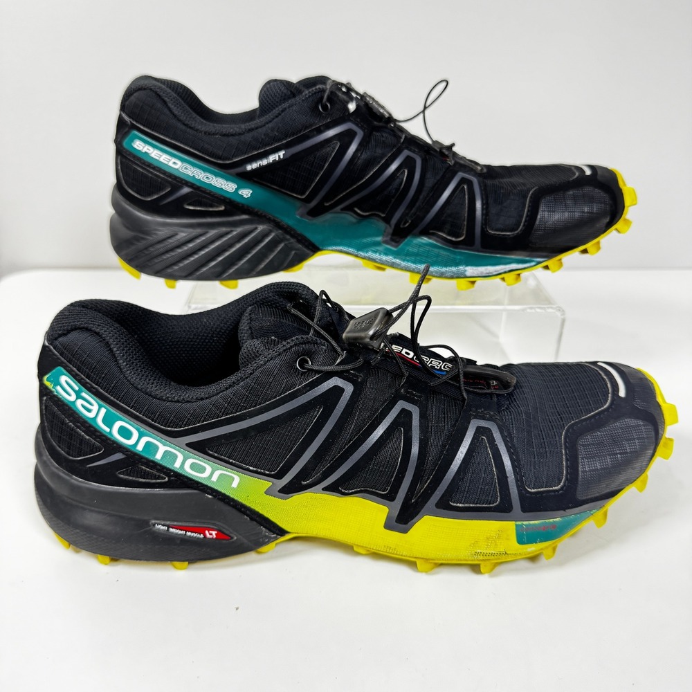 Salomon Speedcross 4 Black Sulphur Yellow Trail Shoes Men 10.5 Quicklace